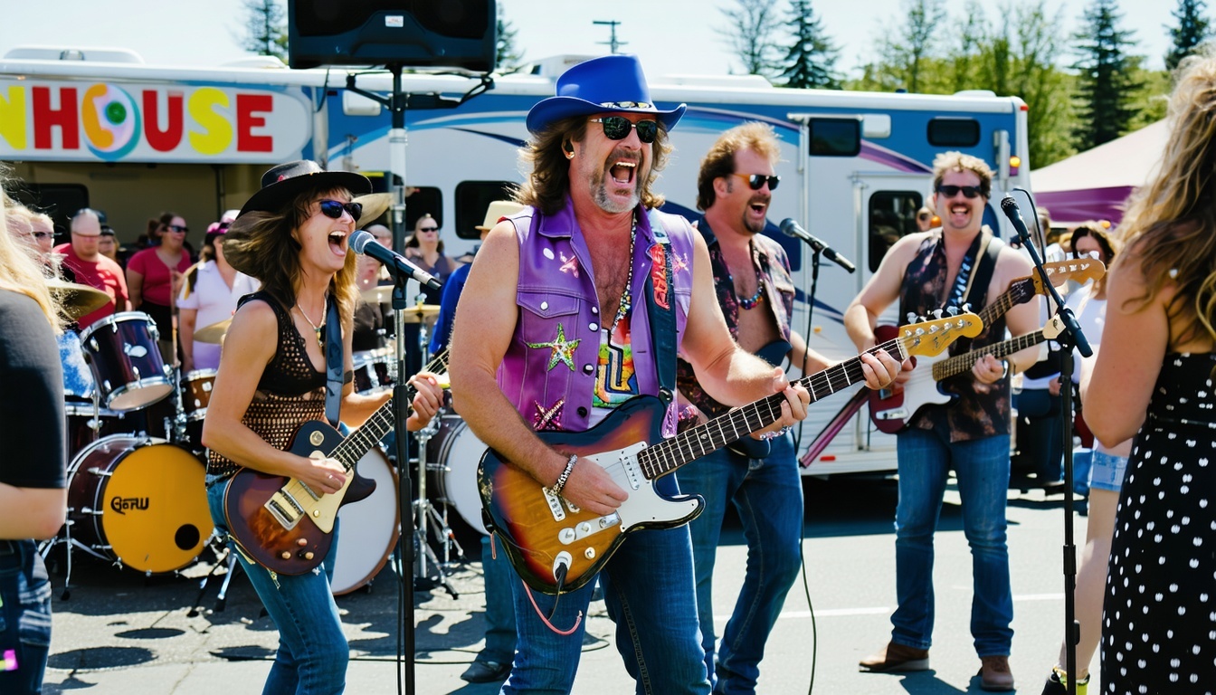 Funhouse musicians playing 70s and 80s rock songs at an outdoor event